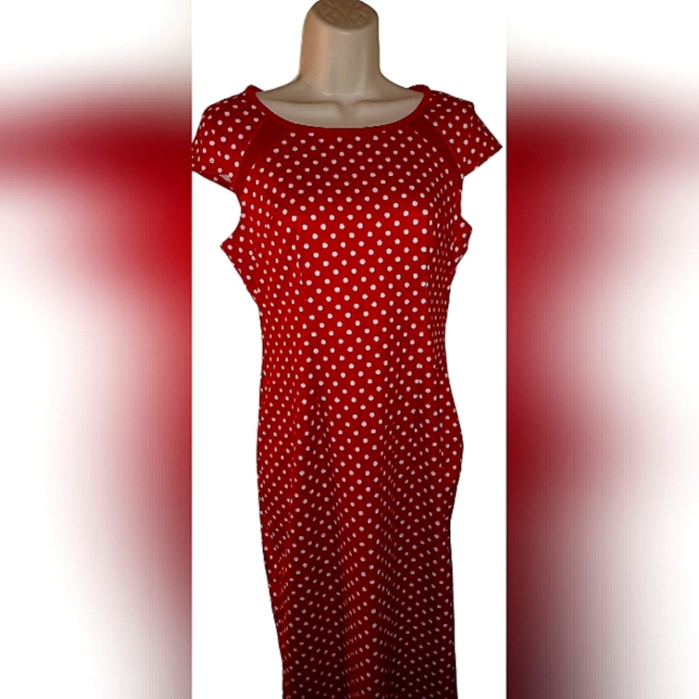 Retro Style Red & White Polka-Dot Midi Dress Relaxed Pencil Style Euc Size Med